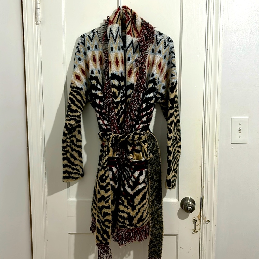 Anthropologie Multii Print Fringed Cardigan Jacket Sweater knee Length Coat 1X